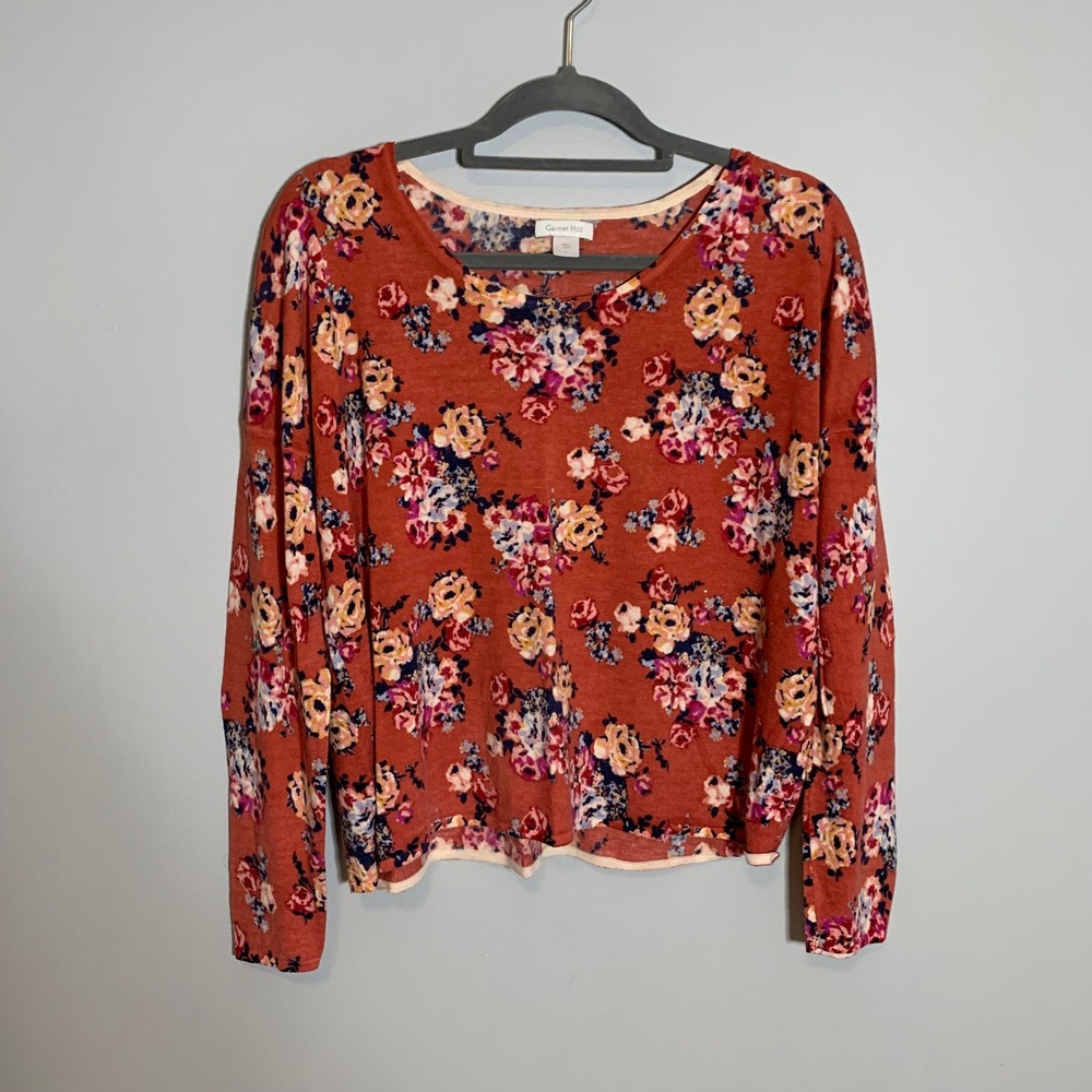 Garnet Hill Floral Print Long Sleeve Sweater‎ Top Rust Red Merino Wool Large